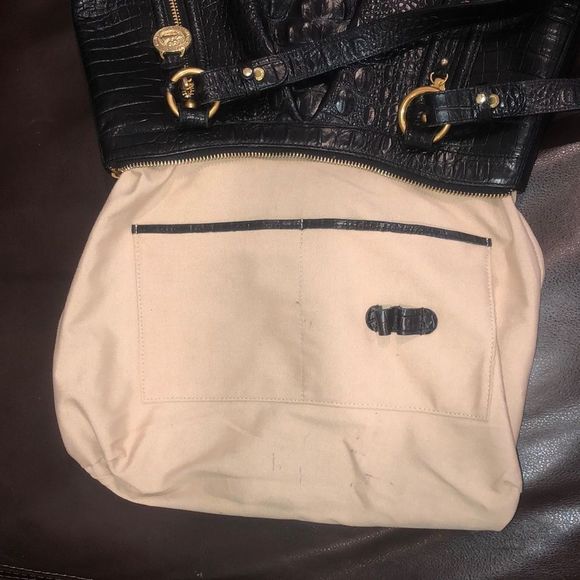 BRAHMIN Black Selma Croc Embossed Leather Pleated Shoulder Tote Bag Top Zipper - Picture 16 of 17